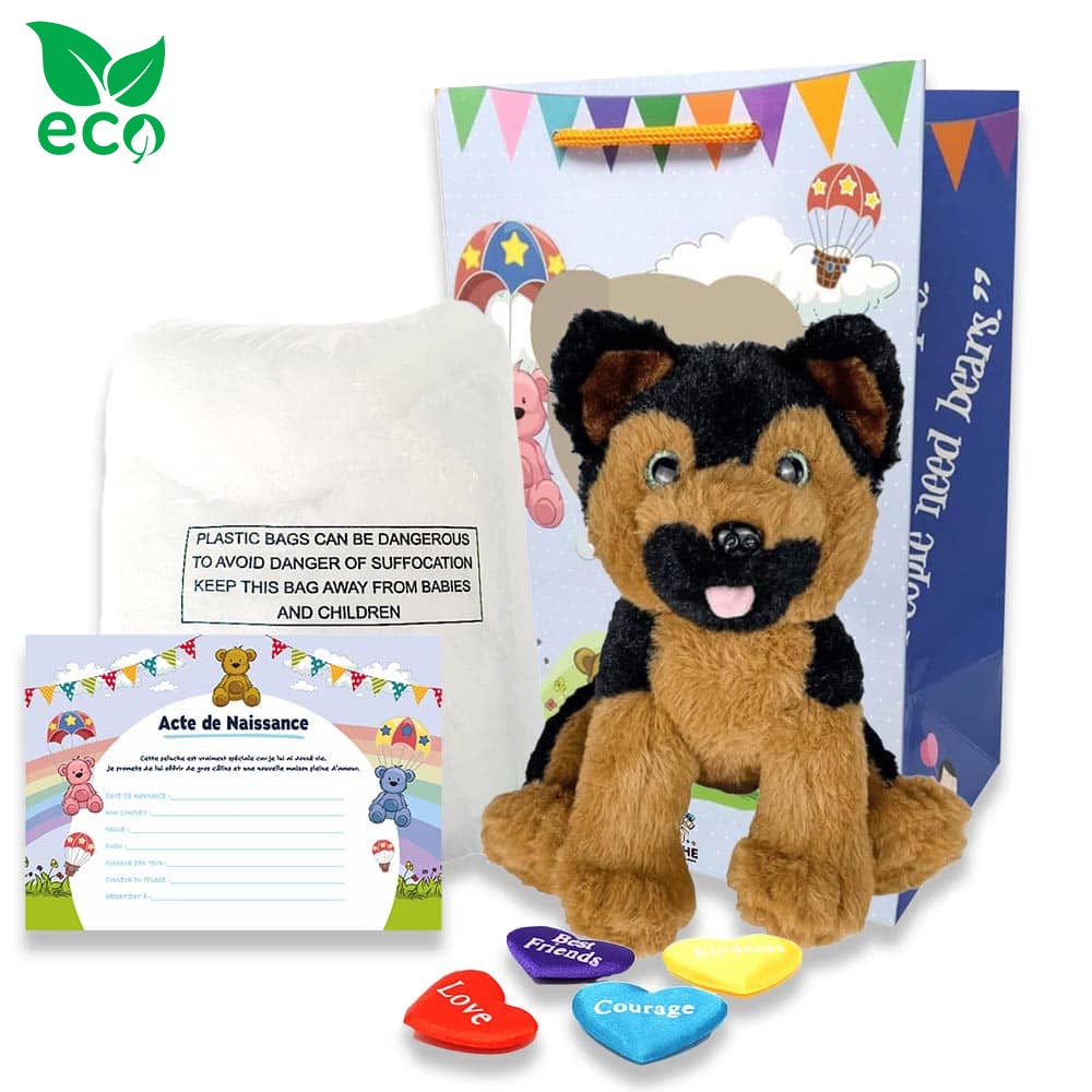 Contenu du coffret pour créer sa petite peluche Berger Allemand ECO 20cm
