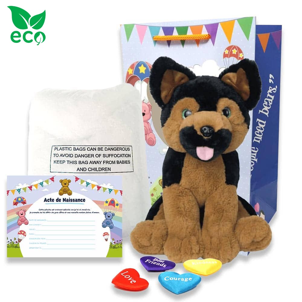 Contenu du coffret pour créer sa grande peluche Berger Allemand ECO 40cm