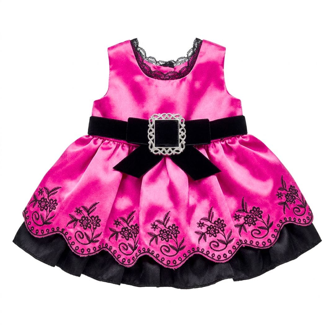 Robe rose foncé et noir pour peluche, avec ceinture noire et motif à fleurs.
