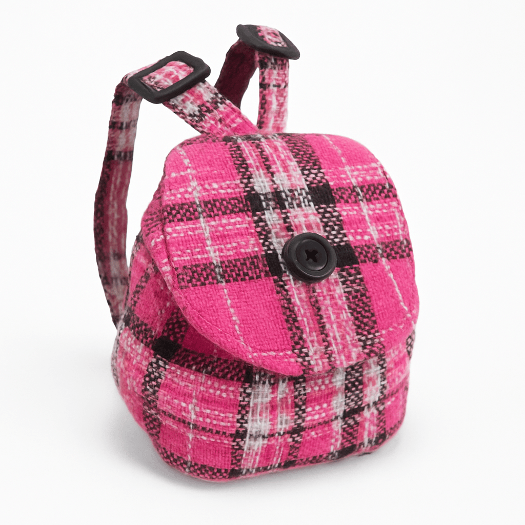 sac à dos rose à carreaux accessoire pour peluche