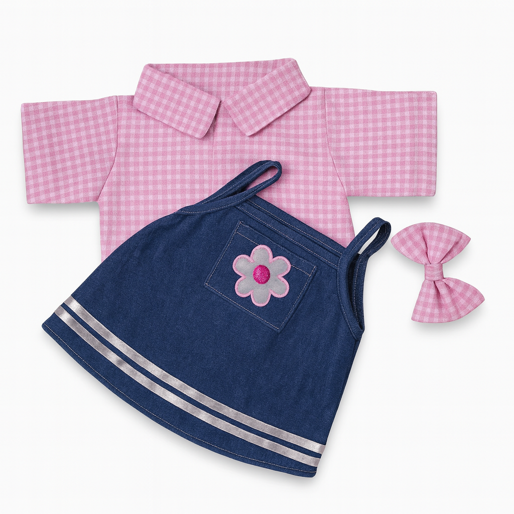 accessoire robe en jean et chemise rose à carreaux pour peluche