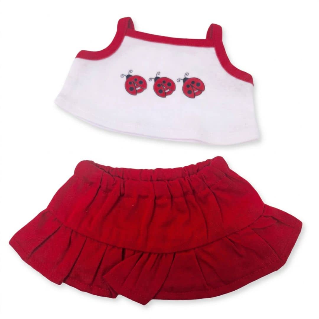 tenue d'été pour peluche, jupe rouge à froufrou avec débardeur tshirt sans manche rouge et blanc coccinnelle