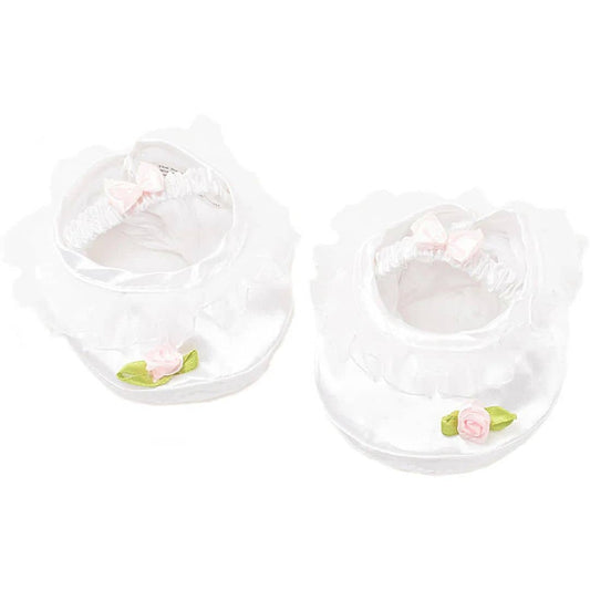 Chaussons blanc en satin pour peluches avec petite fleur rose