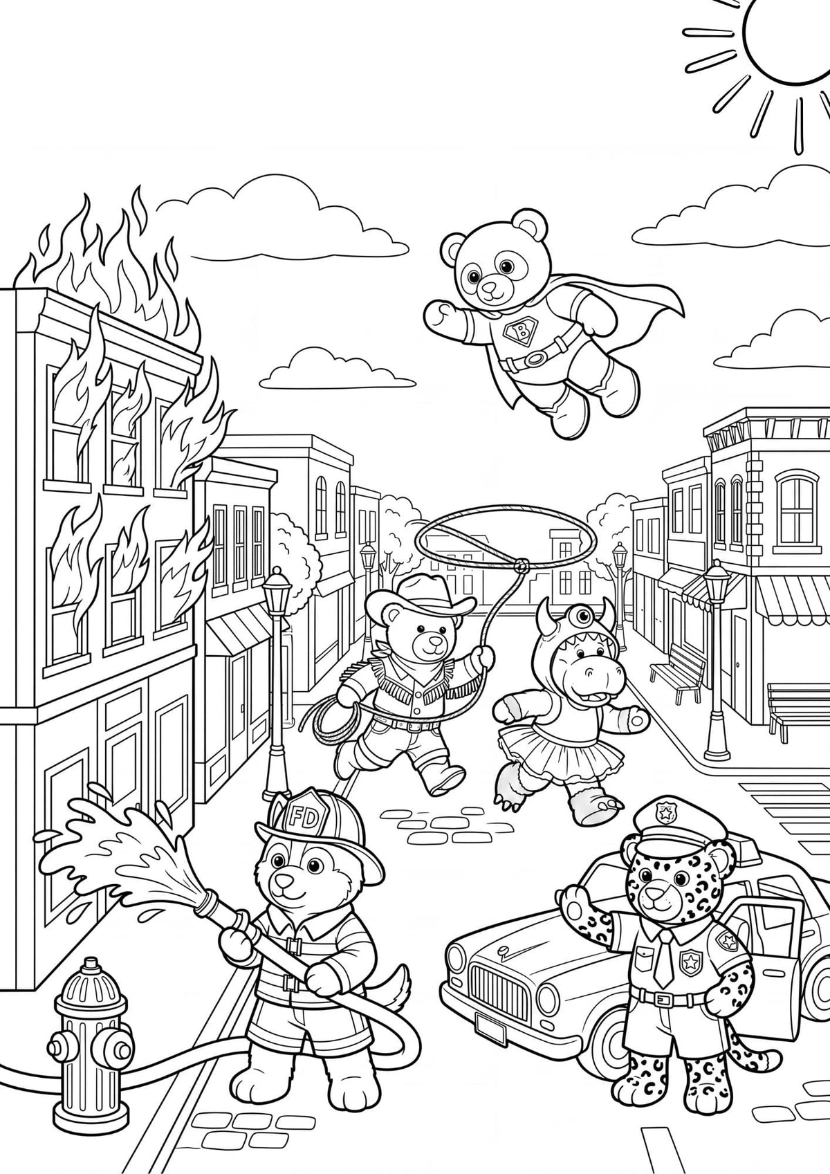 Coloriage The Peluche Factory pour enfants avec des ours, des guépards, des hippopotames en peluche, des pompiers, policiers, cow-boys et super-héros 