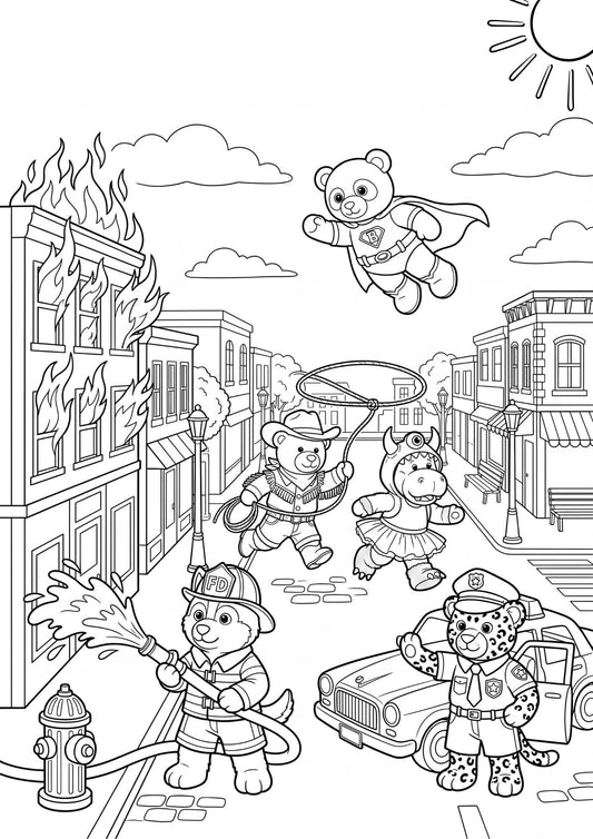 Coloriage The Peluche Factory pour enfants avec des ours, des guépards, des hippopotames en peluche, des pompiers, policiers, cow-boys et super-héros 