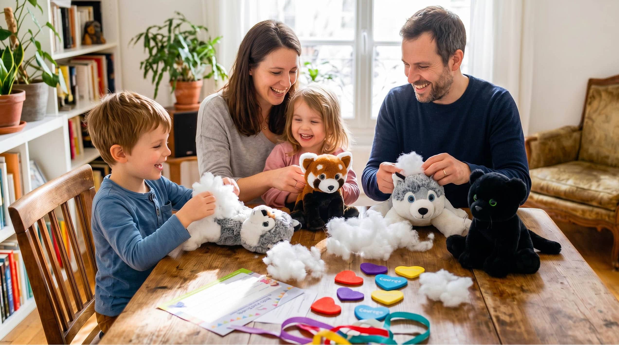 Fabriquer une peluche et personnaliser une peluche sur mesure en famille, en couple ou entre amis avec des peluches husky, panda roux, loup ou panthère noire