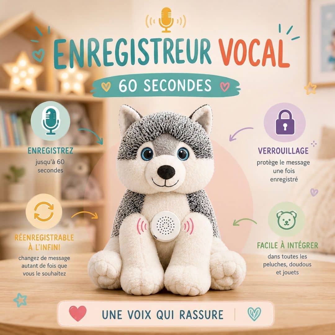 Ajoutez une voix à votre peluche avec notre enregistreur vocal pour doudou. 