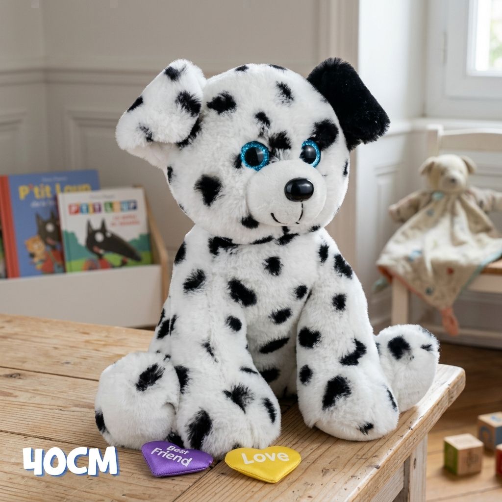 Peluche Dalmatien câlin éco-responsable 40cm avec les yeux bleu à personnaliser