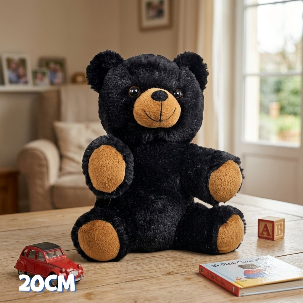 Peluche Ours Noir éco-responsable à fourrure douce et super câlin 20 cm. Parfait à offrir ou à s'offrir !