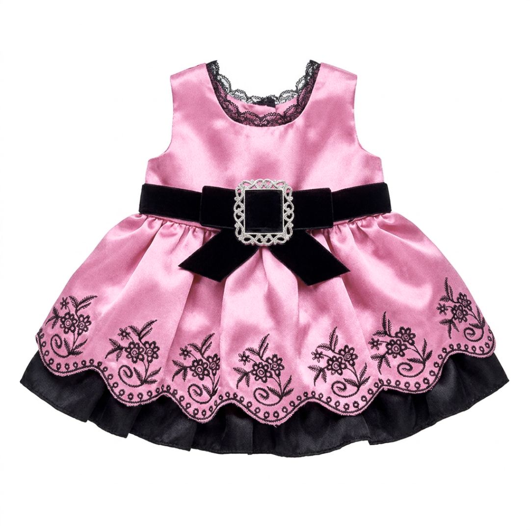 Robe rose clair satin et noir pour peluche, avec ceinture noire et motif à fleurs. 