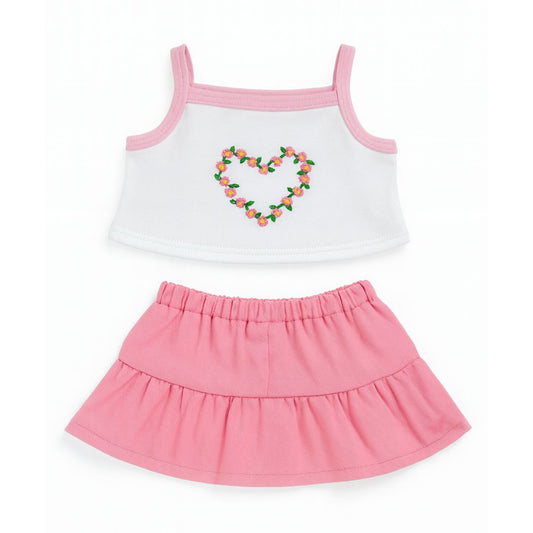Tenue Jupe rose et Top blanc avec son cœur en fleurs