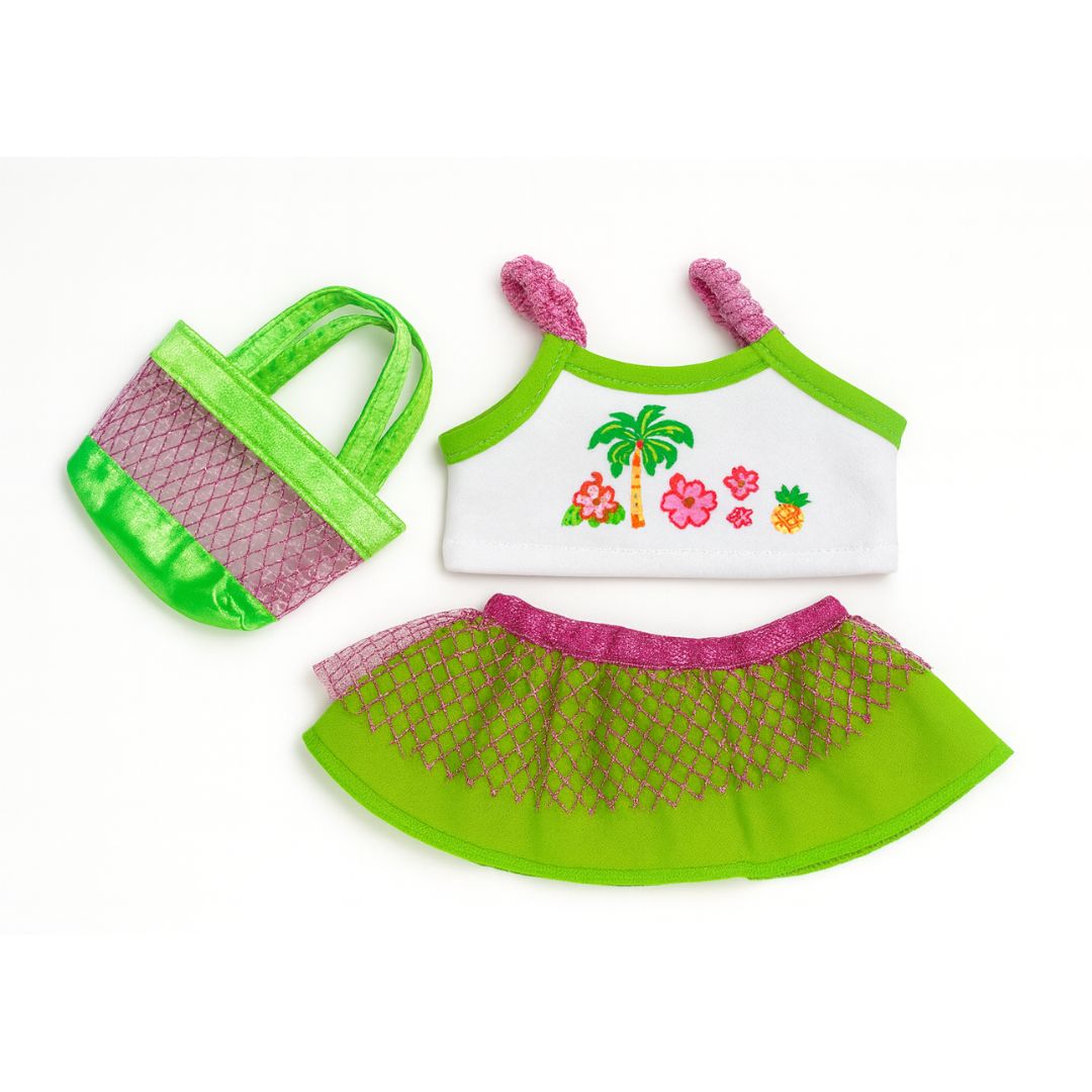 accessoire tenue d'été fille jupe verte et panier pour peluche