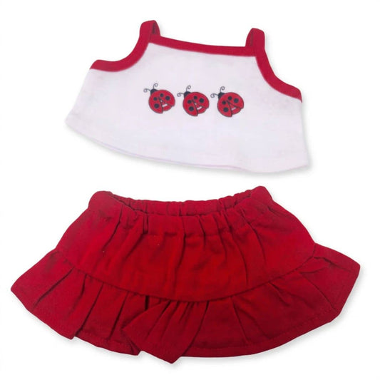tenue d'été pour peluche, jupe rouge à froufrou avec débardeur tshirt sans manche rouge et blanc coccinnelle
