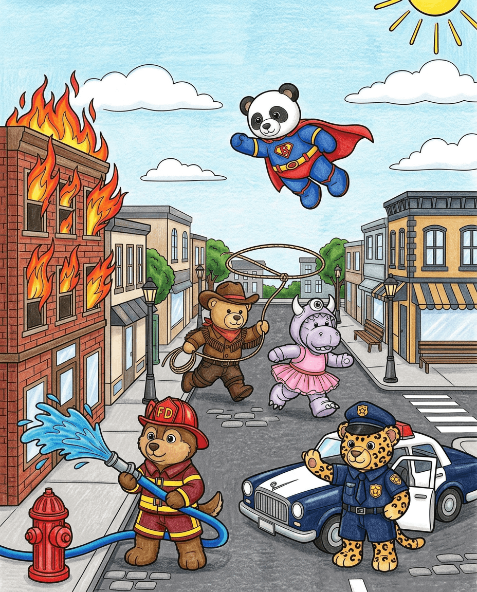 Coloriage en couleurs The Peluche Factory pour enfants avec des nounours, des tigres, des hippopotames en peluche, des pompiers, policiers, cow-boys et super-héros 