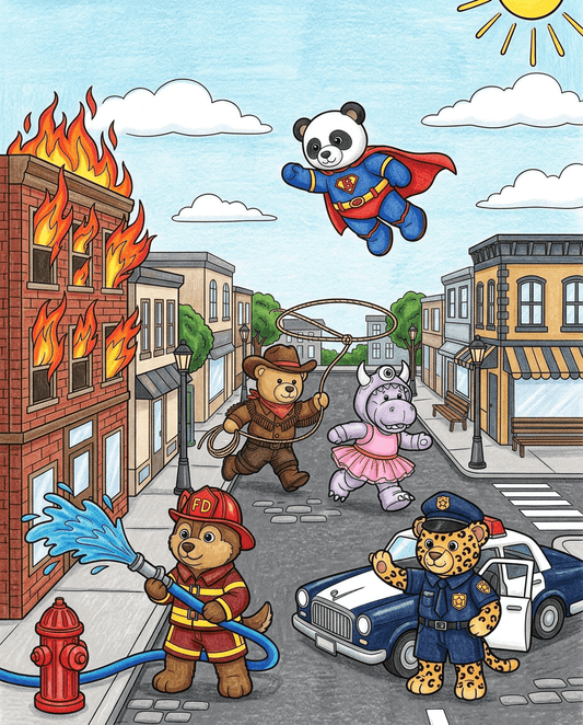 Coloriage en couleurs The Peluche Factory pour enfants avec des nounours, des tigres, des hippopotames en peluche, des pompiers, policiers, cow-boys et super-héros 